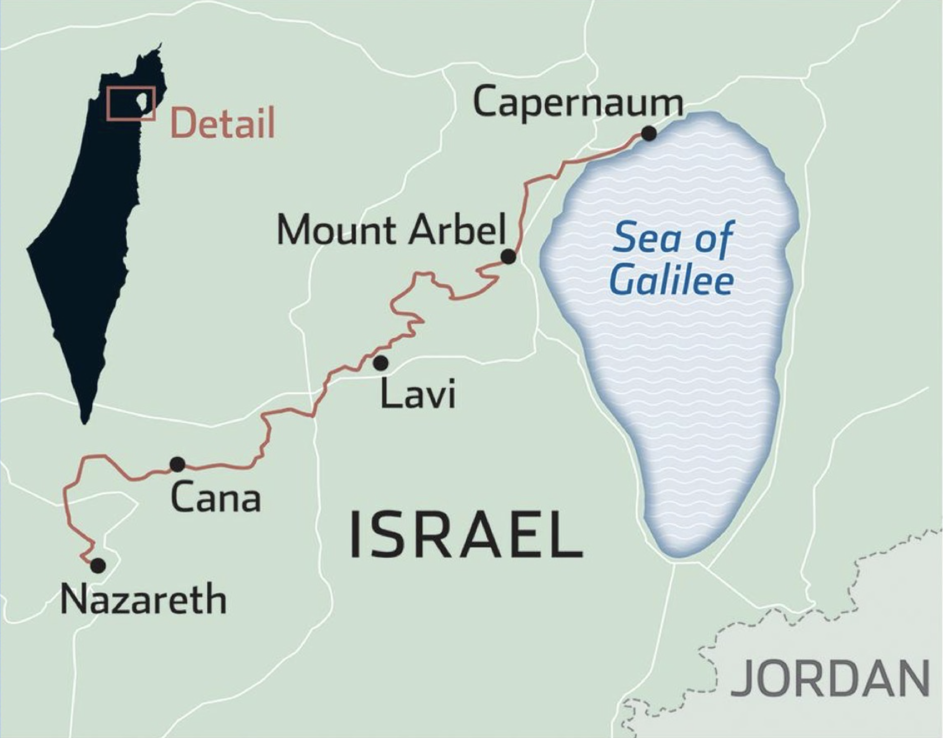 Jesus Trail route map from Nazareth to Capernaum